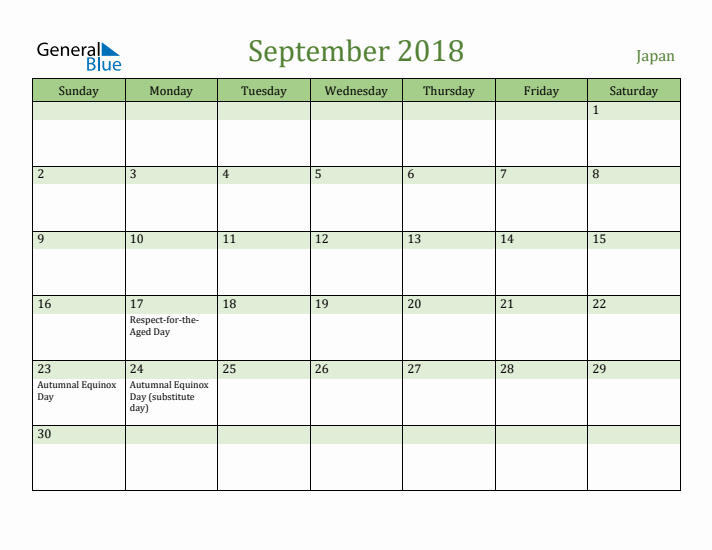 September 2018 Calendar with Japan Holidays