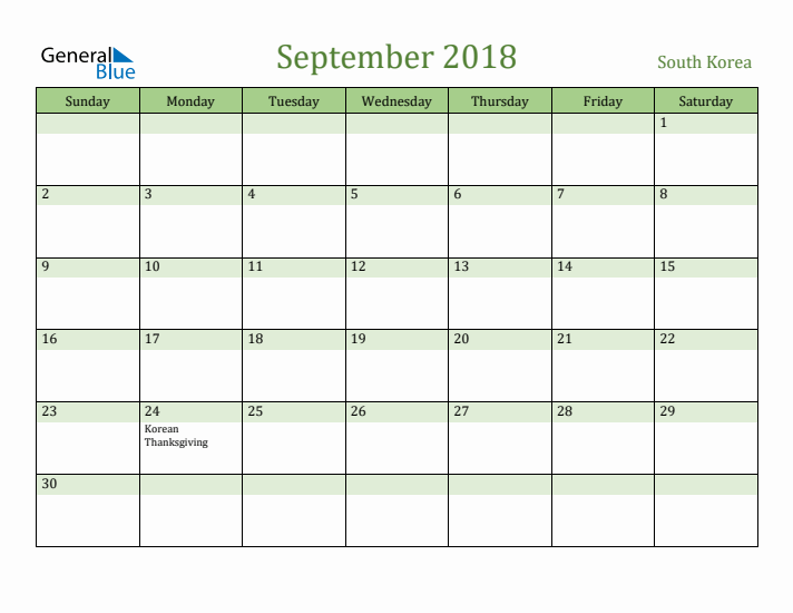 September 2018 Calendar with South Korea Holidays