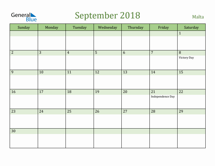 September 2018 Calendar with Malta Holidays