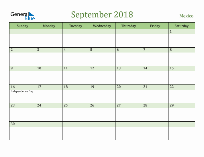 September 2018 Calendar with Mexico Holidays