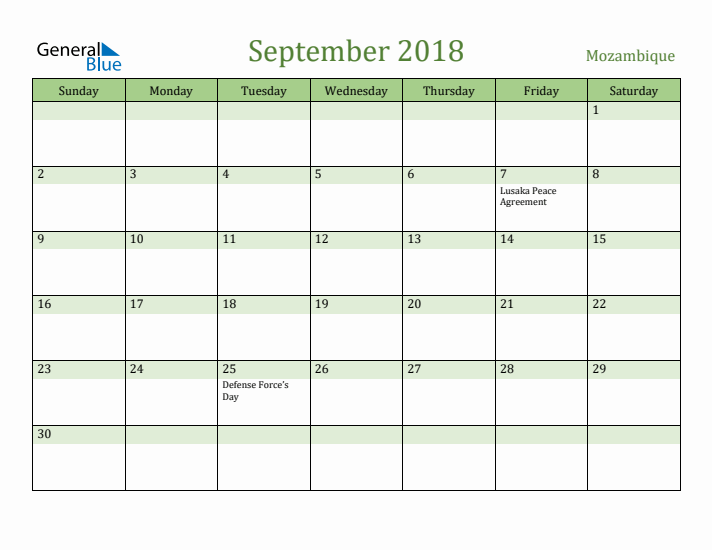September 2018 Calendar with Mozambique Holidays