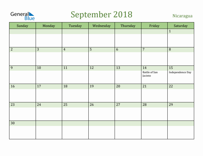 September 2018 Calendar with Nicaragua Holidays