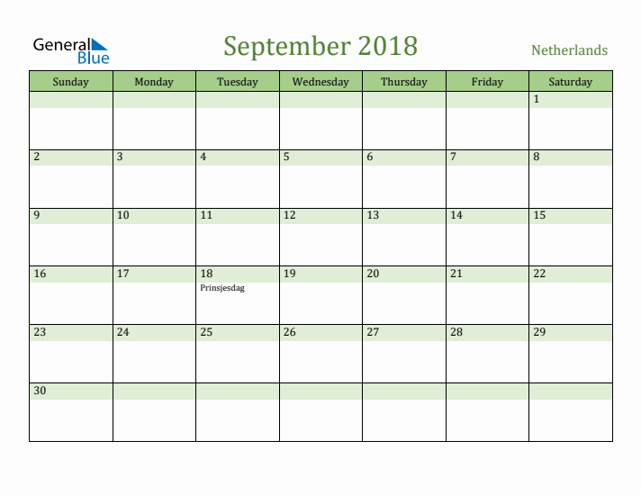September 2018 Calendar with The Netherlands Holidays