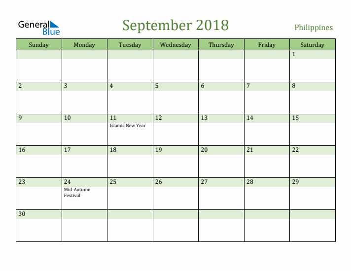 September 2018 Calendar with Philippines Holidays