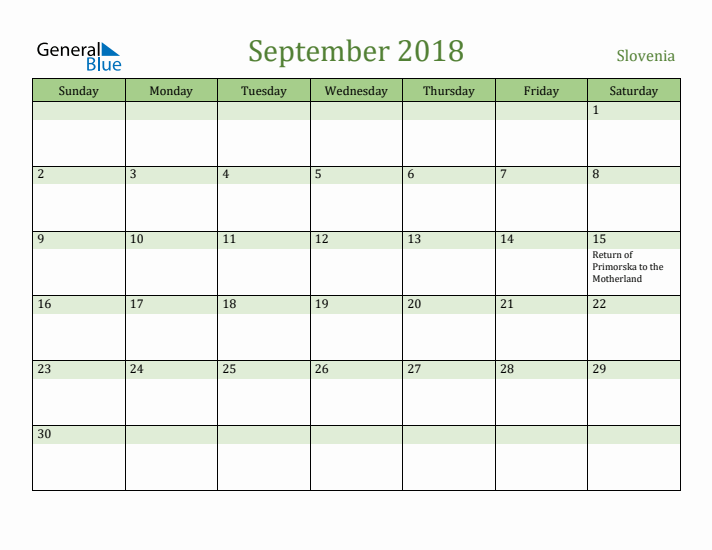 September 2018 Calendar with Slovenia Holidays