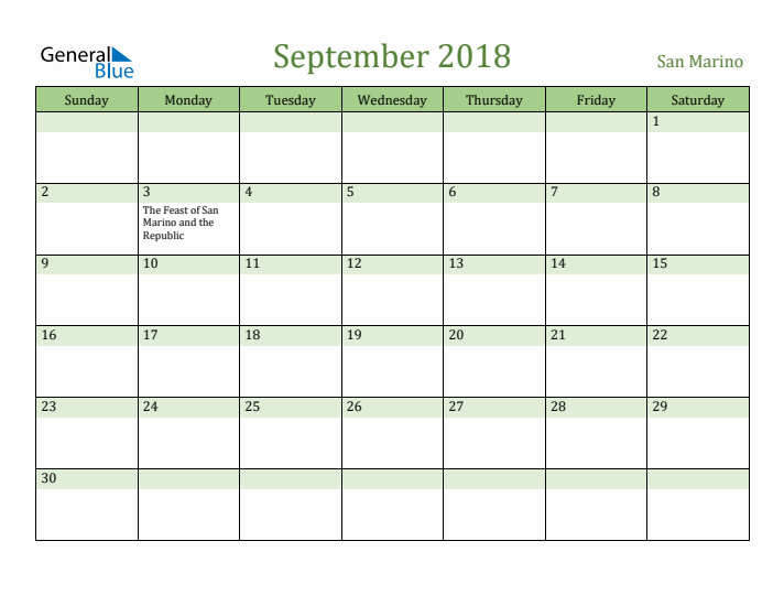 September 2018 Calendar with San Marino Holidays
