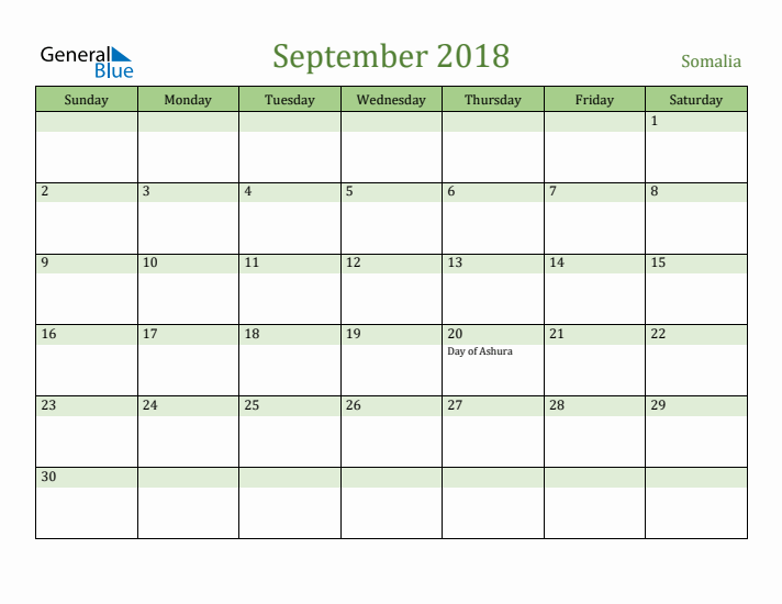 September 2018 Calendar with Somalia Holidays