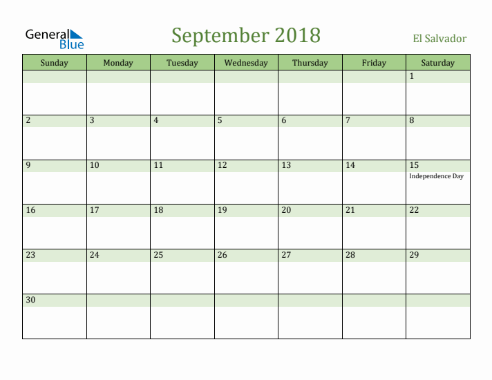 September 2018 Calendar with El Salvador Holidays