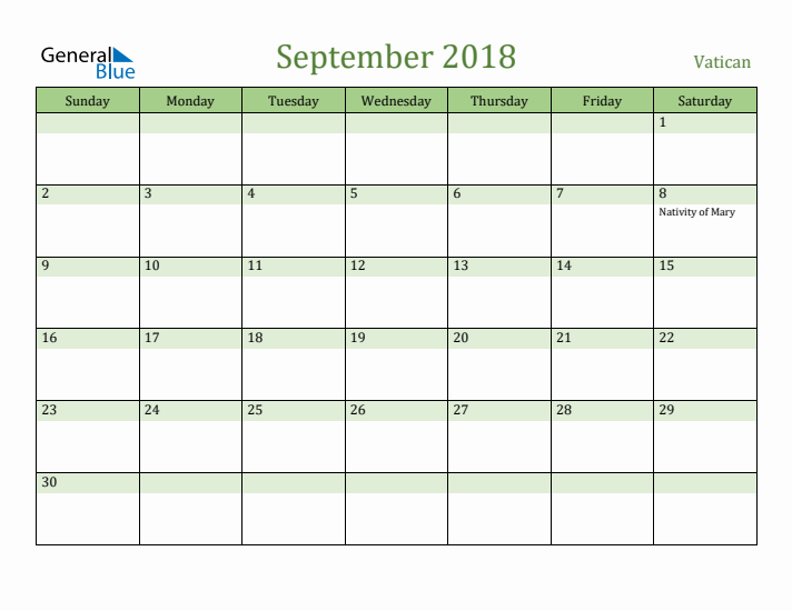 September 2018 Calendar with Vatican Holidays