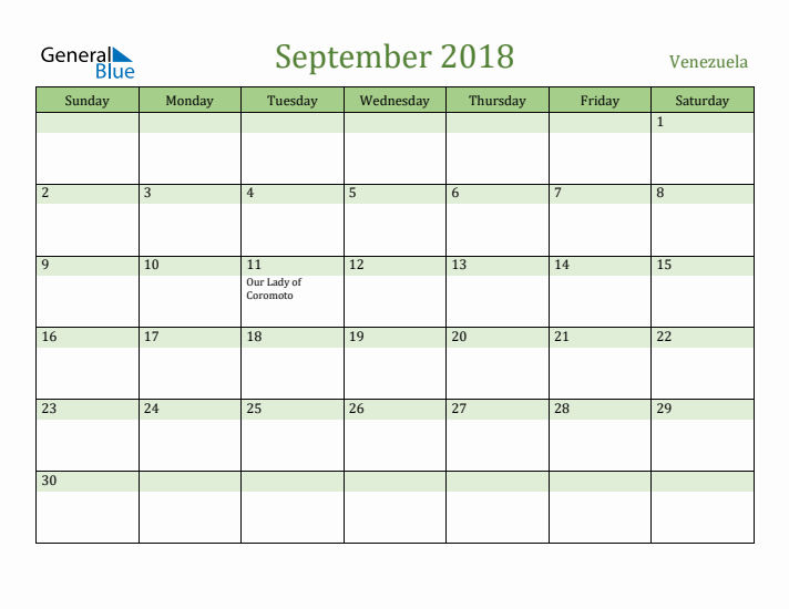 September 2018 Calendar with Venezuela Holidays