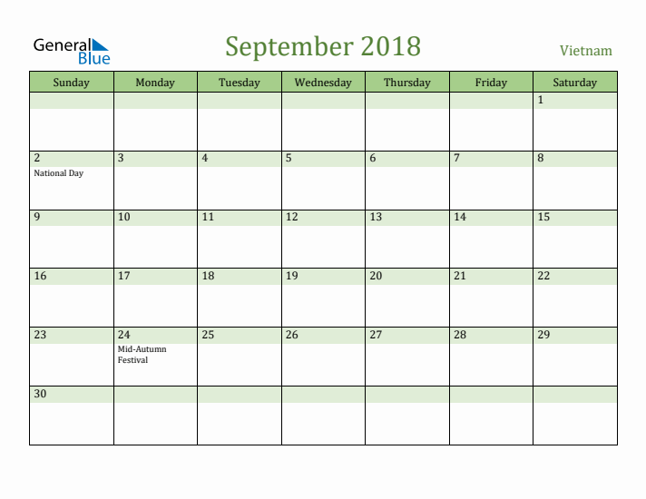 September 2018 Calendar with Vietnam Holidays