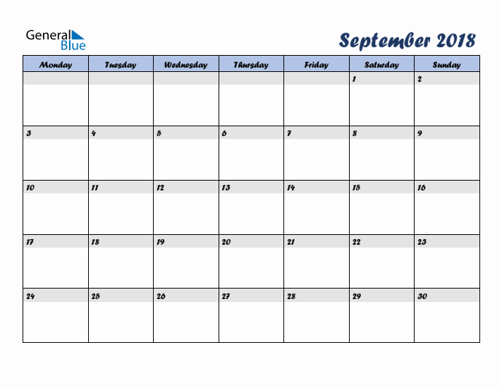 September 2018 Blue Calendar (Monday Start)