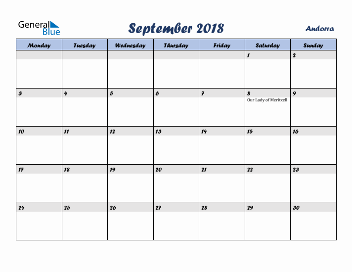 September 2018 Calendar with Holidays in Andorra