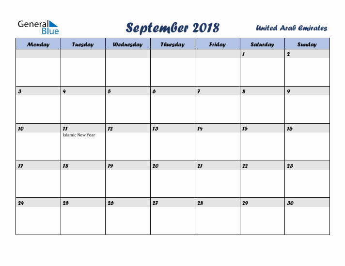September 2018 Calendar with Holidays in United Arab Emirates