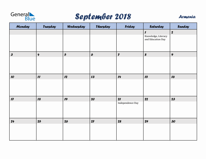 September 2018 Calendar with Holidays in Armenia