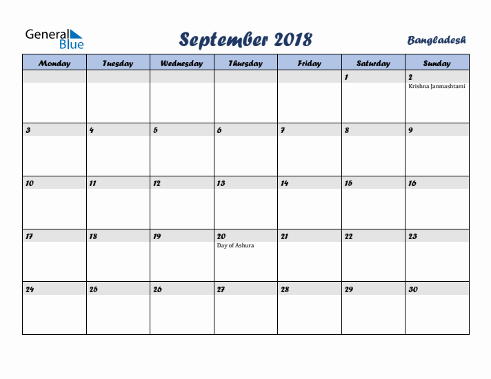 September 2018 Calendar with Holidays in Bangladesh