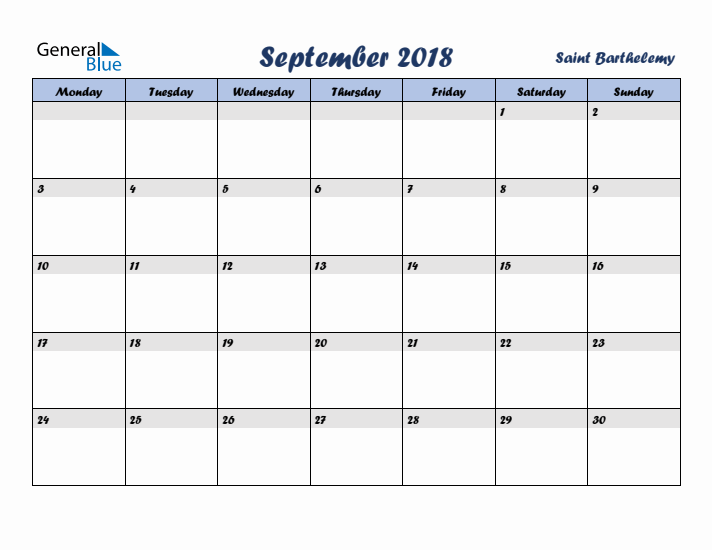 September 2018 Calendar with Holidays in Saint Barthelemy