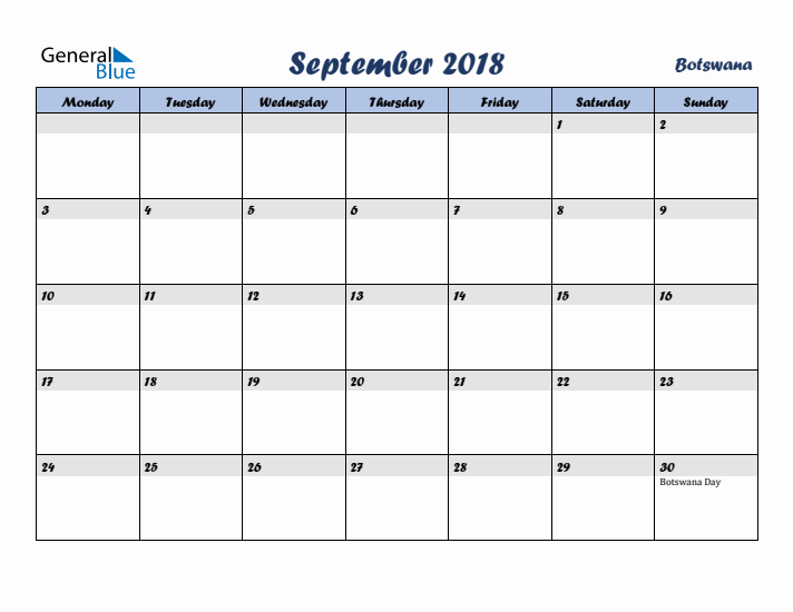 September 2018 Calendar with Holidays in Botswana
