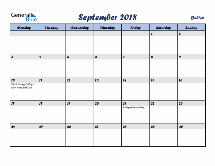 September 2018 Calendar with Holidays in Belize