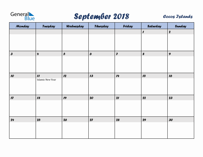 September 2018 Calendar with Holidays in Cocos Islands