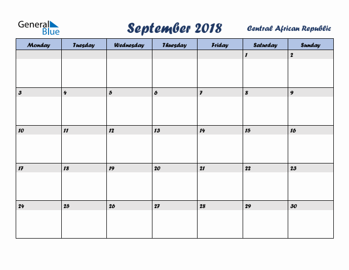 September 2018 Calendar with Holidays in Central African Republic