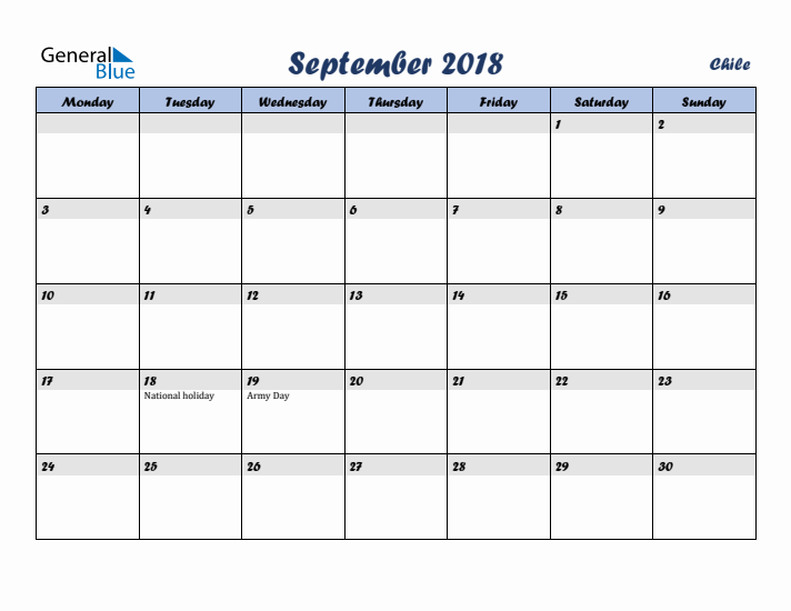 September 2018 Calendar with Holidays in Chile
