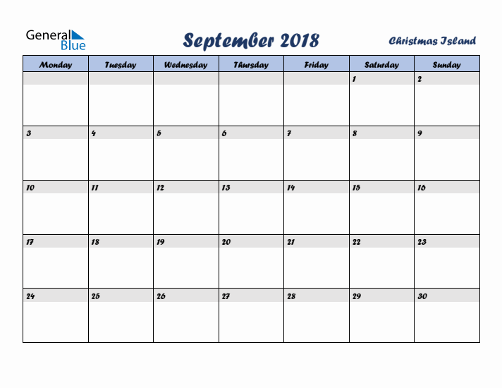 September 2018 Calendar with Holidays in Christmas Island