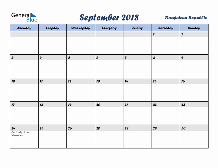 September 2018 Calendar with Holidays in Dominican Republic