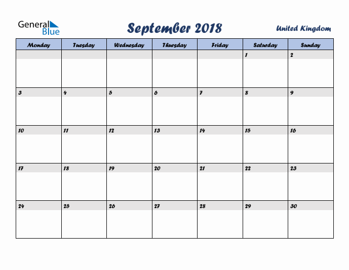 September 2018 Calendar with Holidays in United Kingdom