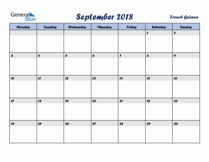 September 2018 Calendar with Holidays in French Guiana