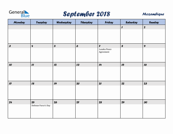 September 2018 Calendar with Holidays in Mozambique