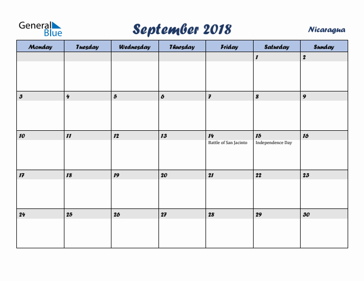 September 2018 Calendar with Holidays in Nicaragua