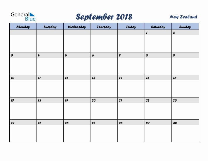 September 2018 Calendar with Holidays in New Zealand