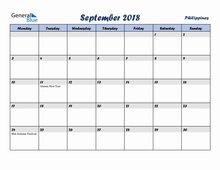 September 2018 Calendar with Holidays in Philippines