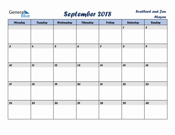 September 2018 Calendar with Holidays in Svalbard and Jan Mayen