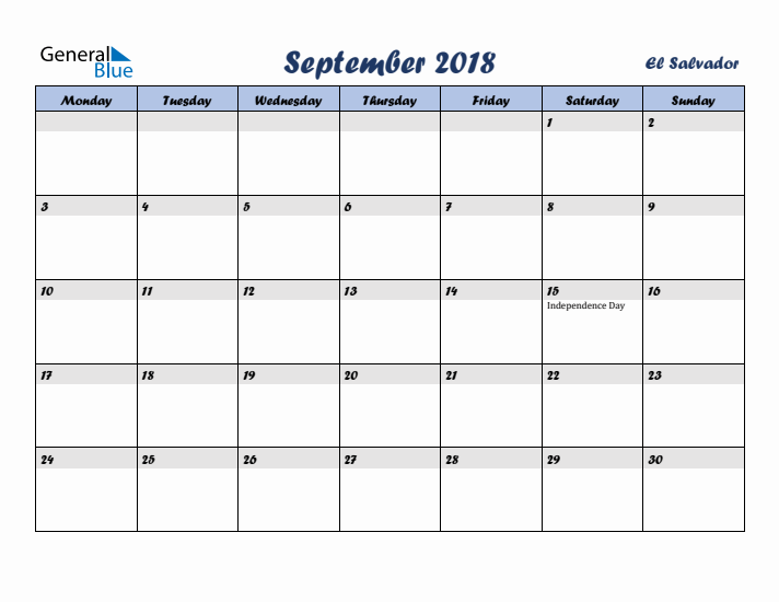 September 2018 Calendar with Holidays in El Salvador