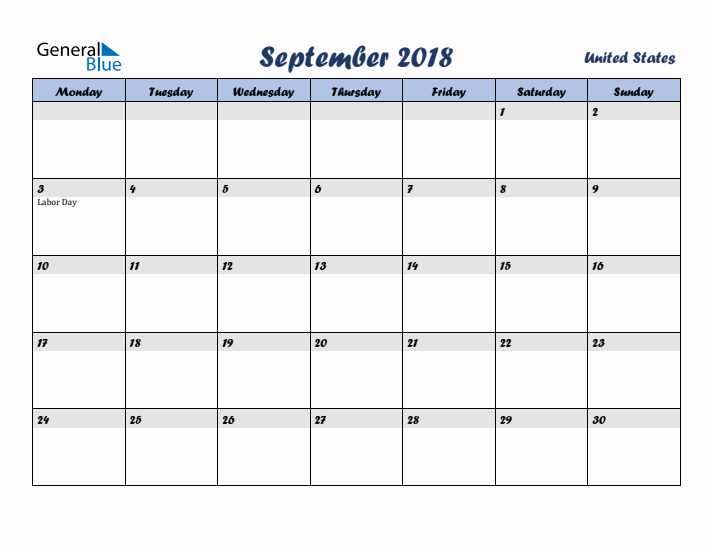 September 2018 Calendar with Holidays in United States