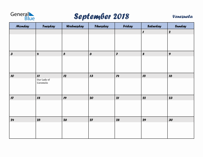 September 2018 Calendar with Holidays in Venezuela