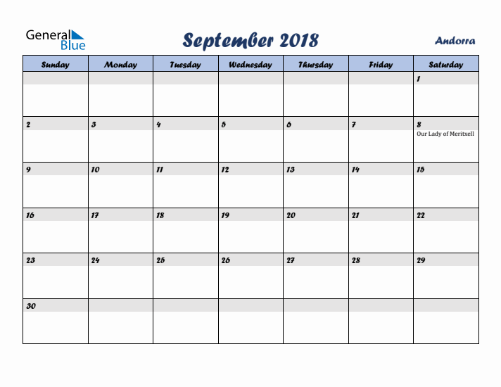 September 2018 Calendar with Holidays in Andorra