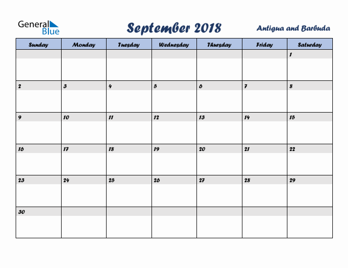 September 2018 Calendar with Holidays in Antigua and Barbuda