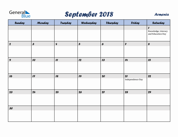 September 2018 Calendar with Holidays in Armenia