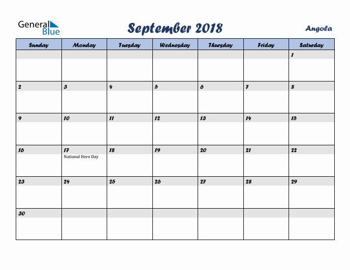 September 2018 Calendar with Holidays in Angola