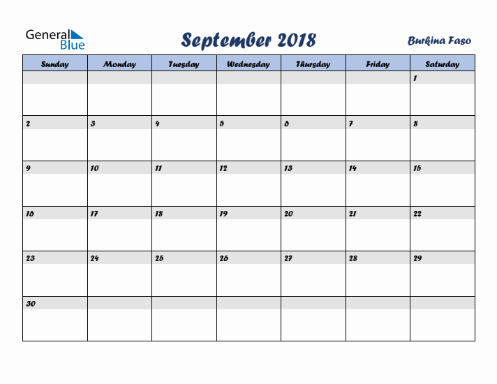 September 2018 Calendar with Holidays in Burkina Faso