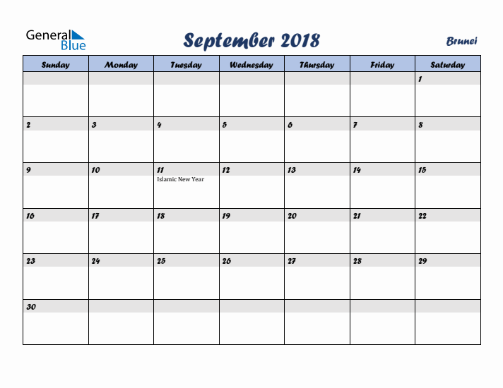 September 2018 Calendar with Holidays in Brunei