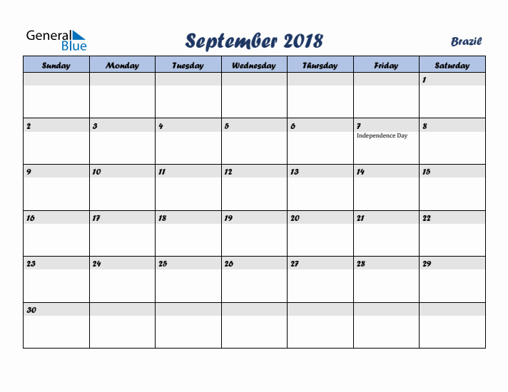September 2018 Calendar with Holidays in Brazil