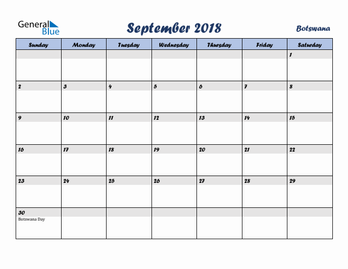 September 2018 Calendar with Holidays in Botswana