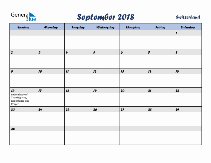 September 2018 Calendar with Holidays in Switzerland