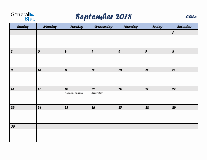 September 2018 Calendar with Holidays in Chile