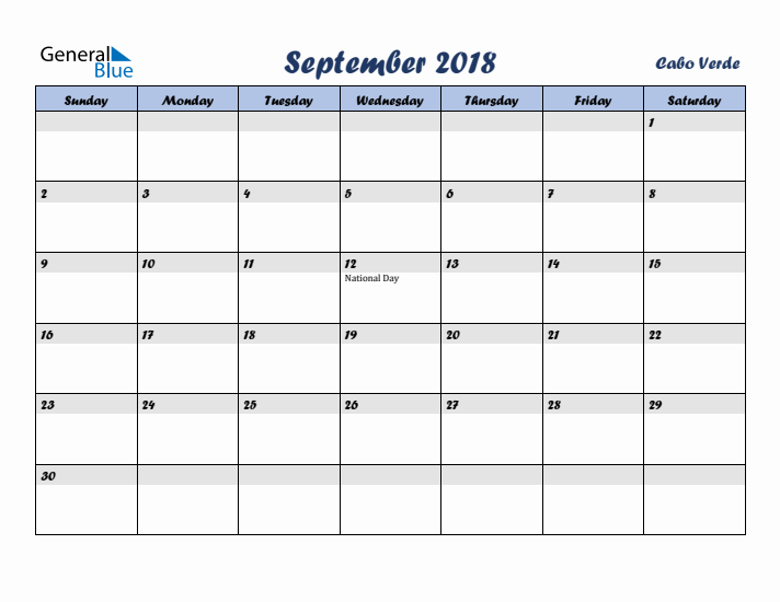 September 2018 Calendar with Holidays in Cabo Verde