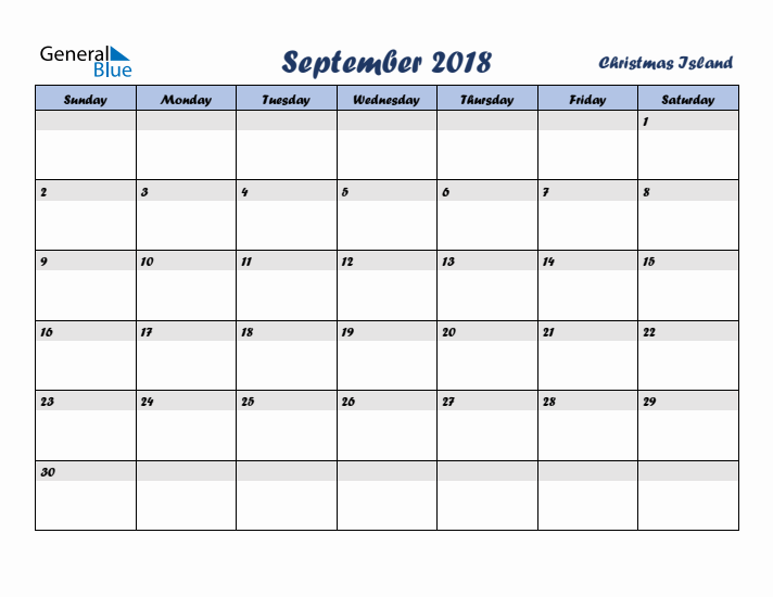 September 2018 Calendar with Holidays in Christmas Island